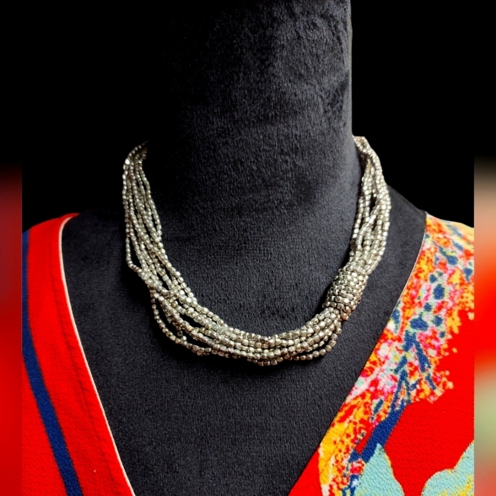 Multi strand layered knotted silver fashion necklace